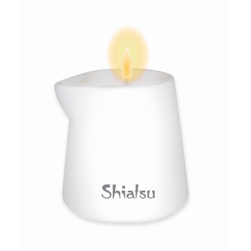 Shiatsu Massage Candle Raspberry Vanilla in a sleek white holder with a flame, perfect for intimate moments.