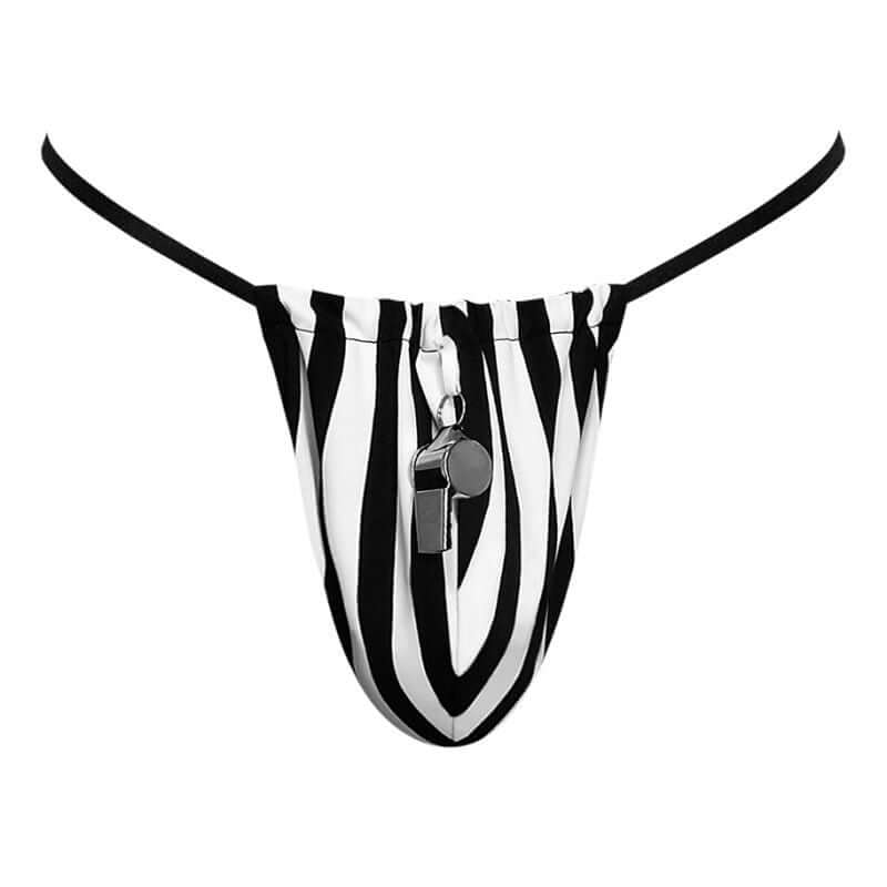 Referee novelty g-string with a striped design and attached whistle, perfect for fun costume wear.