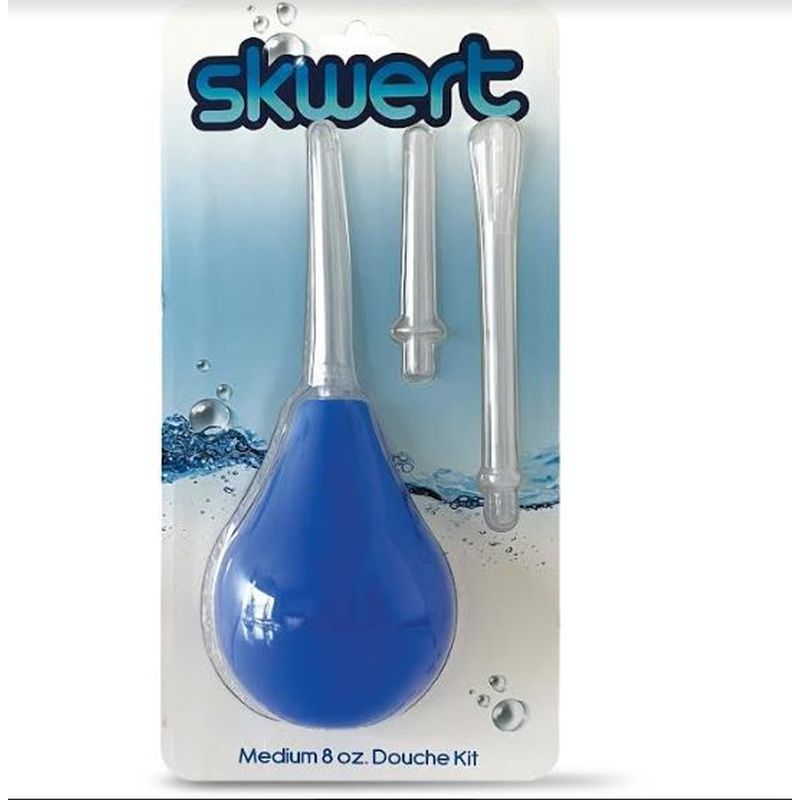 Skwert 4 Pc 8oz (237ml) Douche Medium kit featuring a blue bulb and translucent wands for intimate essentials.