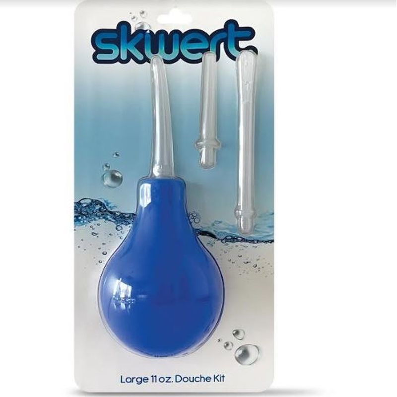 Skwert 4 Pc 12oz (355ml) Douche Large kit featuring blue bulb and translucent wands for intimate hygiene.