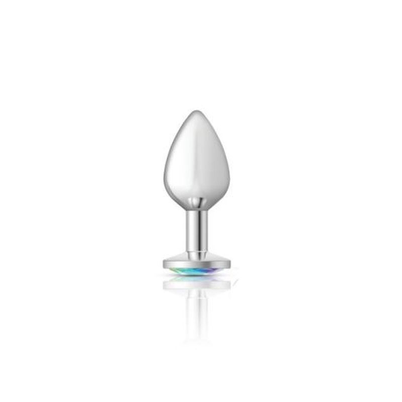 Silver butt plug with jewel showcasing its smooth design and vibrant acrylic gem for elegant anal play.