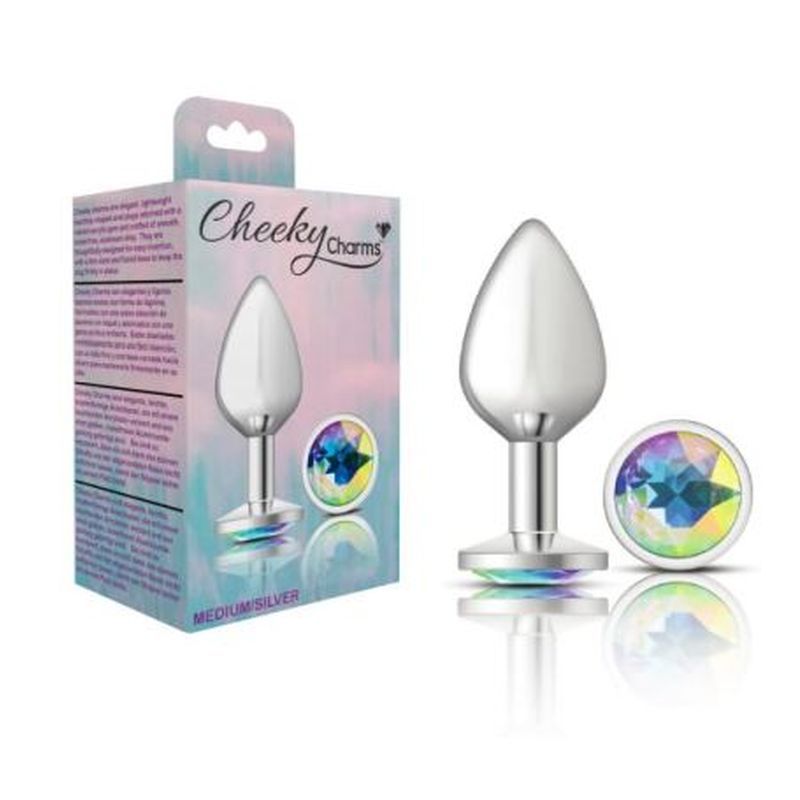Cheeky Charms silver butt plug with jewel in packaging, featuring a clear iridescent gem for elegance and style.