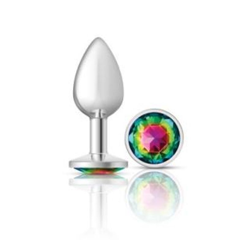 Cheeky Charms silver round butt plug with rainbow jewel, designed for comfortable wear and easy insertion.