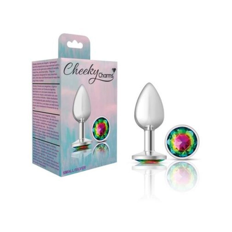 Cheeky Charms silver round butt plug with rainbow jewel, small, in packaging displaying vibrant design.