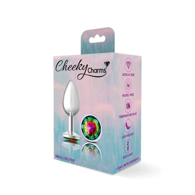 Cheeky Charms silver round butt plug packaging with rainbow jewel design, ideal for comfort and style, rainbow jewel butt plug.