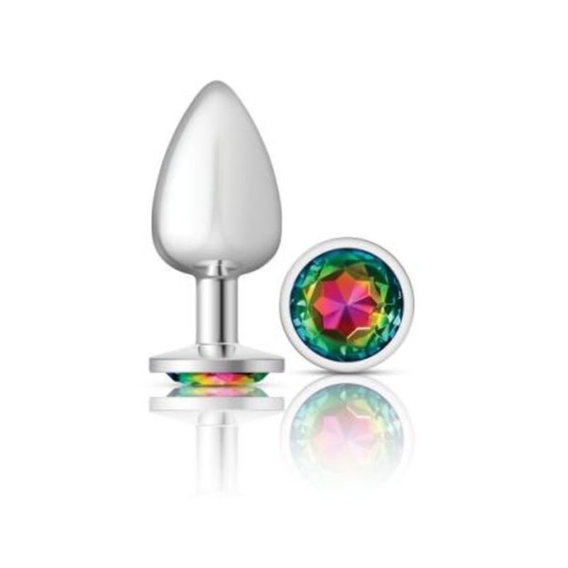 Cheeky Charms silver round butt plug with a vibrant rainbow jewel, ideal for couples and solo play. Rainbow jewel butt plug.