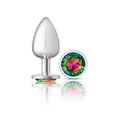 Cheeky Charms silver round butt plug with a vibrant rainbow jewel, ideal for couples and solo play. Rainbow jewel butt plug.