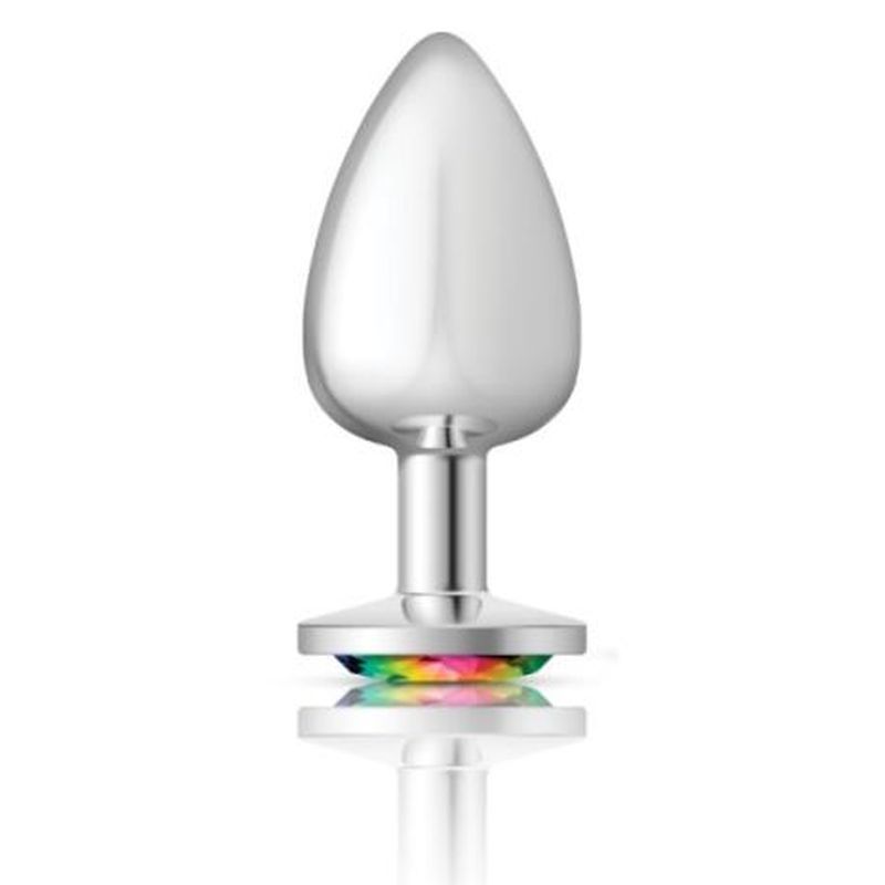 Cheeky Charms silver round butt plug w rainbow jewel, designed for comfort and style in anal play.