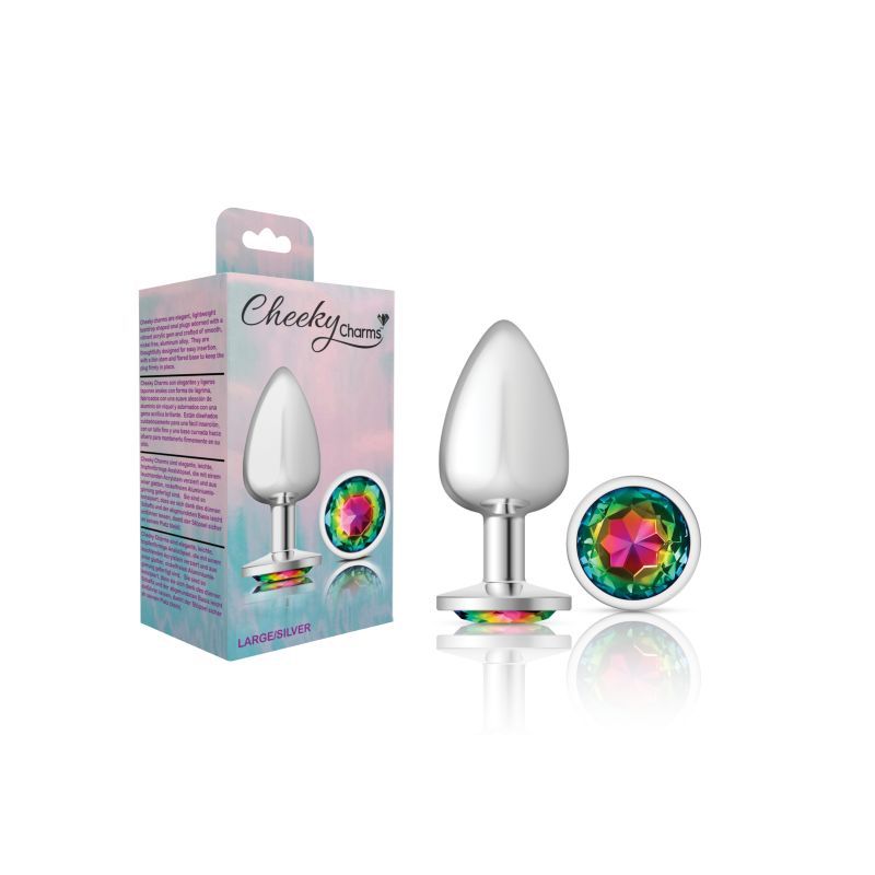 Cheeky Charms silver round butt plug with rainbow jewel, large size, in elegant packaging.