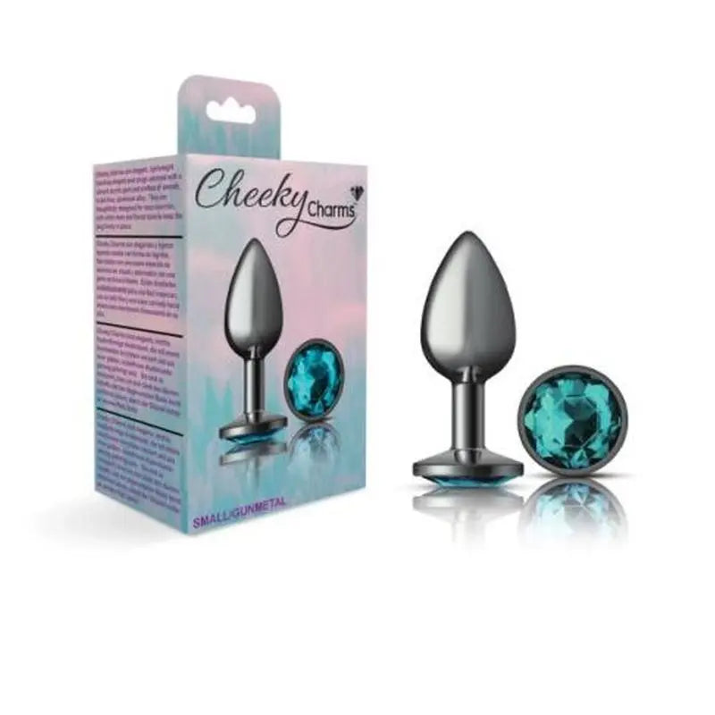Cheeky Charms Gunmetal Round Butt Plug w Teal Jewel Small Cheeky Charms Discreet Intimate Essentials.