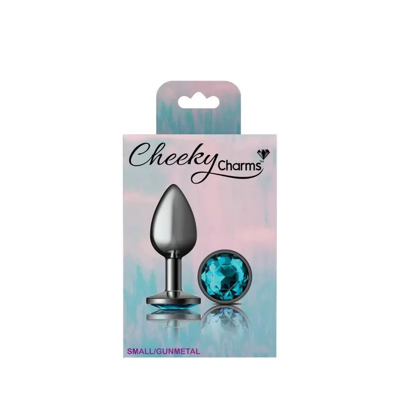Cheeky Charms Gunmetal Round Butt Plug w Teal Jewel Small Cheeky Charms Discreet Intimate Essentials.