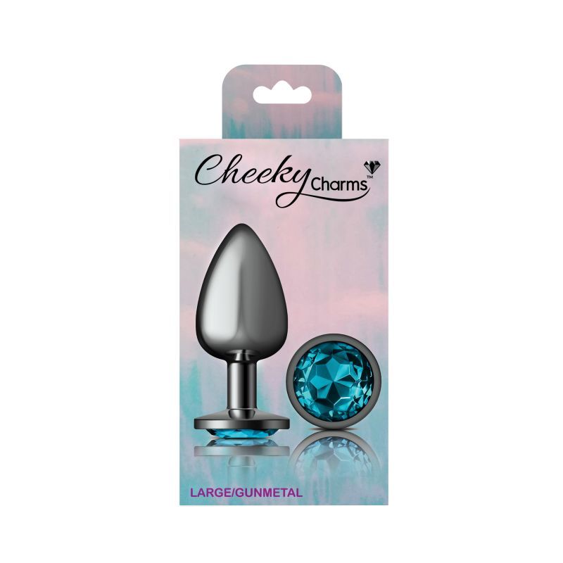 Cheeky Charms gunmetal butt plug with teal jewel packaging, featuring large size and elegant design.