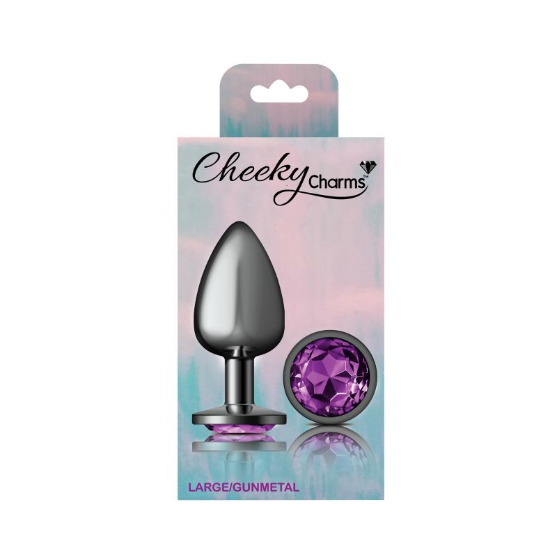 Cheeky Charms Gunmetal Round Butt Plug with Purple Jewel Large packaging on a colorful background.