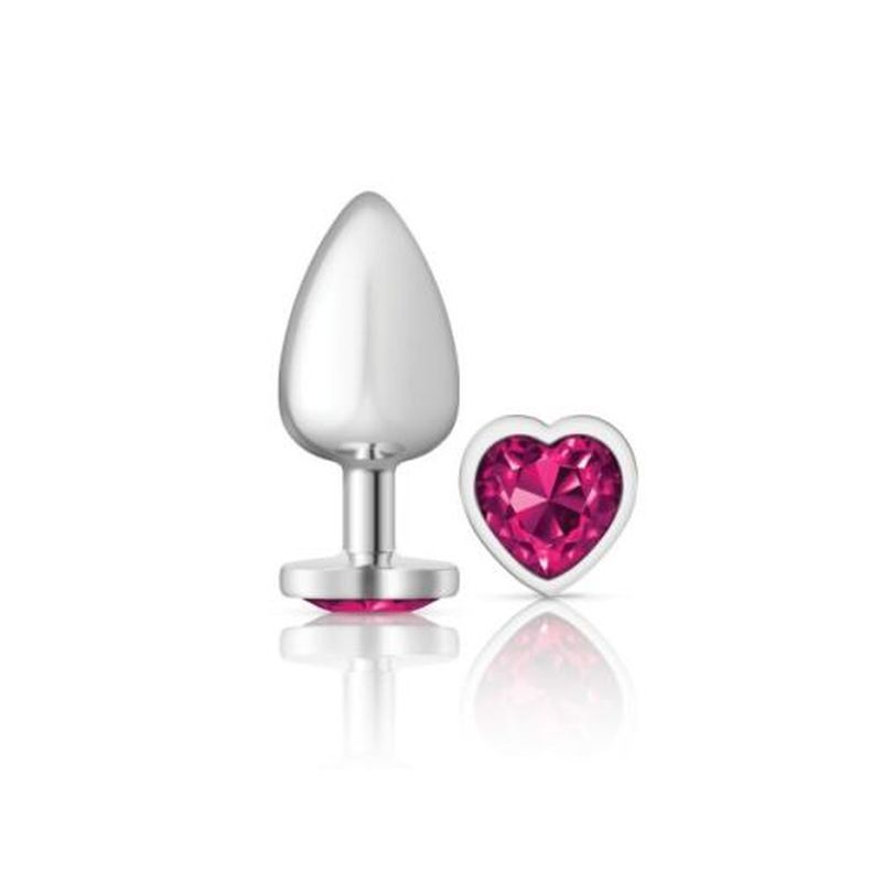 Silver heart jewel butt plug with pink jewel, elegant and smooth design for comfortable use.