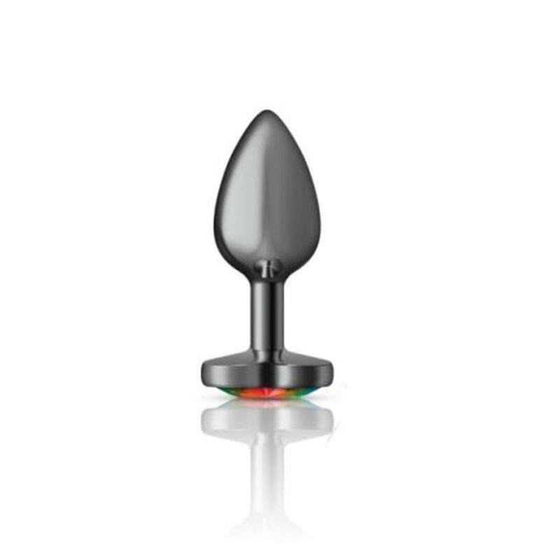 Cheeky Charms gunmetal butt plug with heart jewel small featuring a vibrant rainbow gem.