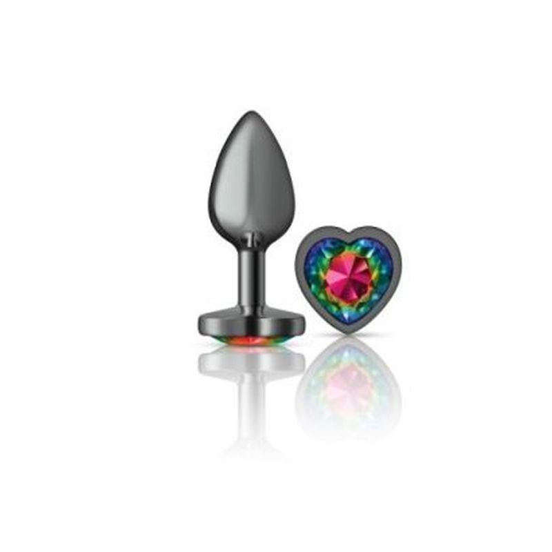 Cheeky Charms gunmetal butt plug with heart jewel showcasing a vibrant acrylic gem, perfect for comfortable use.
