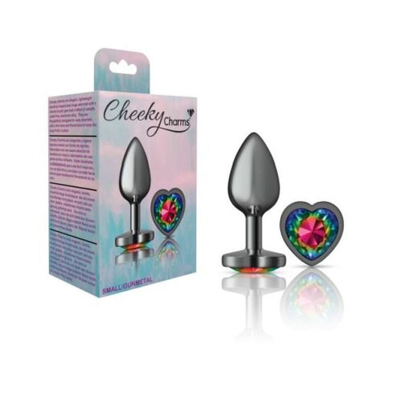 Cheeky Charms gunmetal butt plug with heart jewel small, featuring vibrant acrylic gem and stylish packaging.