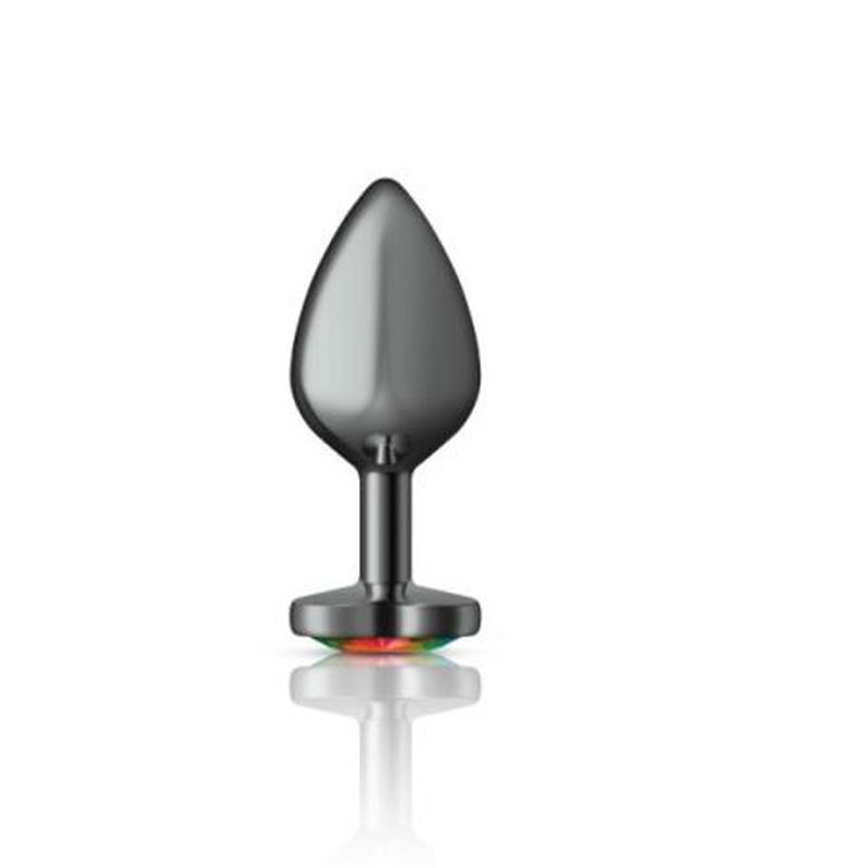 Cheeky Charms gunmetal butt plug with rainbow jewel medium, elegant anal plug with vibrant gem detail.