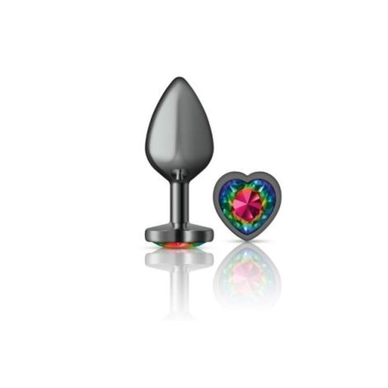 Cheeky Charms gunmetal butt plug with rainbow jewel, elegant teardrop shape, adorned with a vibrant acrylic gem.