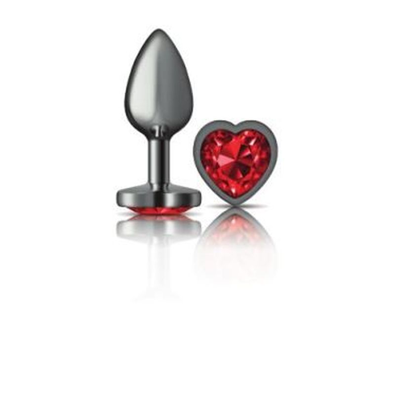 Cheeky Charms gunmetal heart jewel butt plug with red acrylic gem, designed for elegance and comfort during use.
