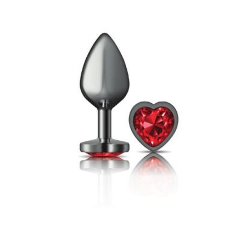 Cheeky Charms gunmetal heart jewel butt plug with heart-shaped red gem, perfect for couples and solo play.