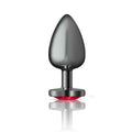 Cheeky Charms gunmetal butt plug with red jewel, elegant teardrop shape, designed for comfort and easy insertion.
