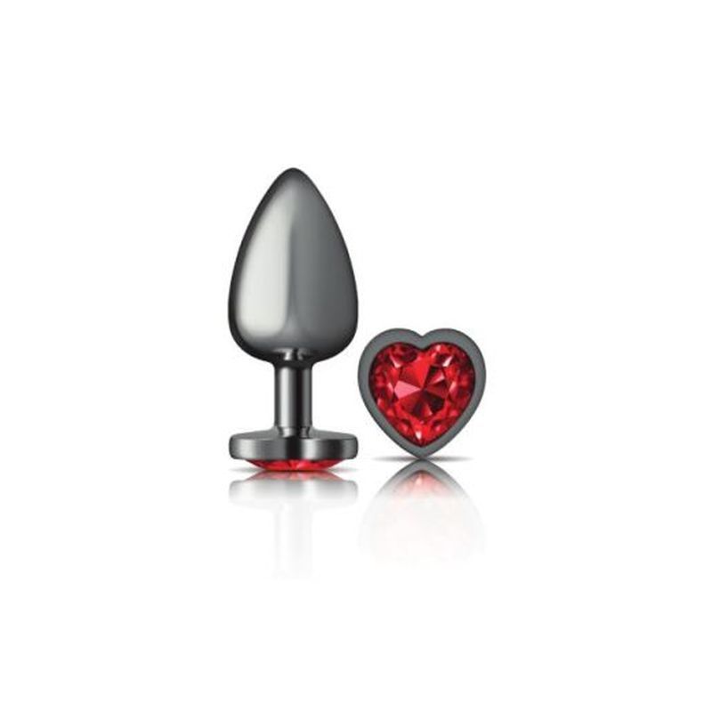 Cheeky Charms gunmetal butt plug with red jewel, elegant and lightweight anal plug for intimate play.