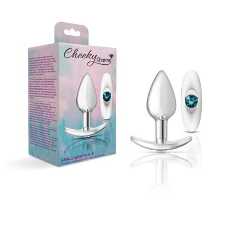 Cheeky Charms Silver Anchor Butt Plug Kit with interchangeable gems, ideal for couples and solo play.