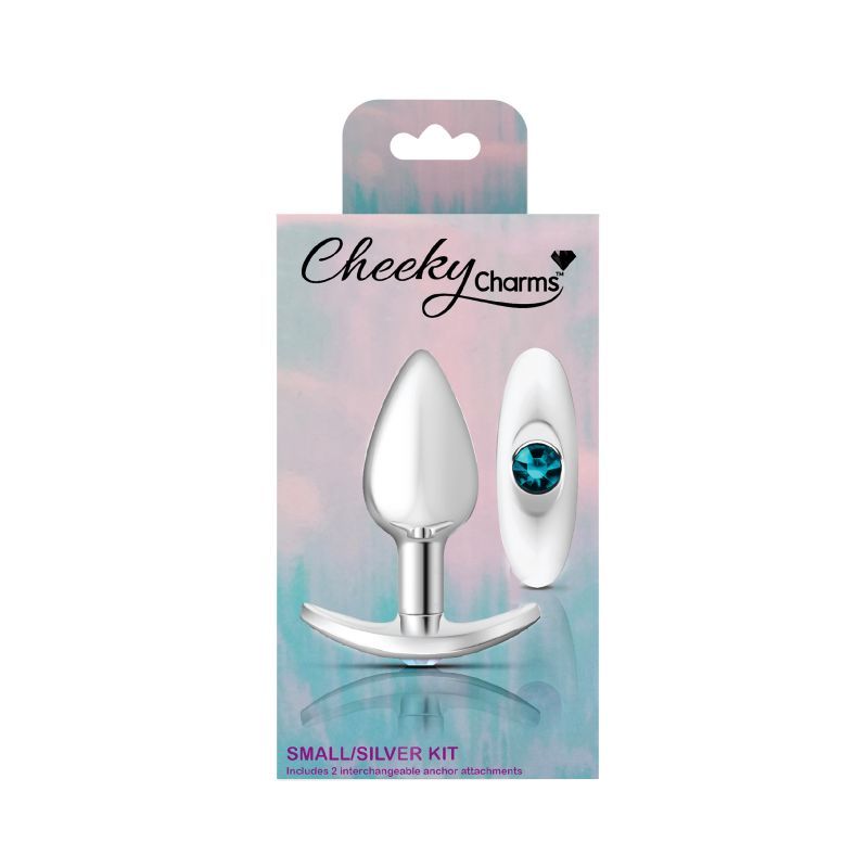 Cheeky Charms silver anchor butt plug kit with interchangeable gems in packaging.