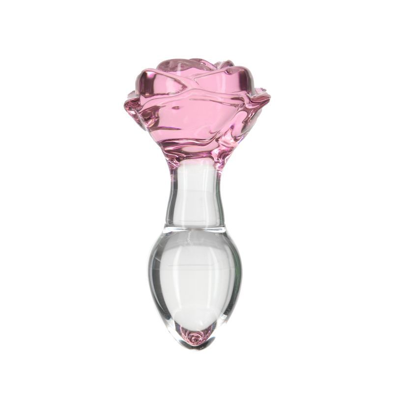 Luxurious glass anal plug with a tapered stem and pink rose design, made of Borosilicate glass for optimal pleasure.