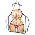 Funny BBQ apron featuring a humorous design with cartoon breasts and a bikini bottom for fun gatherings.