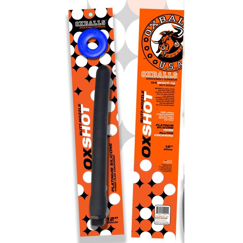 Oxshot Butt Nozzle 12in Shower Hose in packaging with platinum silicone design by OXBALLS for enhanced intimacy.