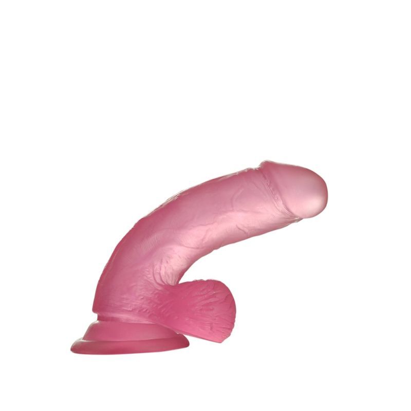 Small pink dildo with a curved realistic shape and veined shaft, ideal for solo or partner play.