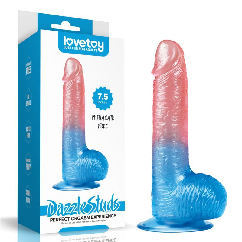 Dazzle Studs Dildo 7.5in Pink/Blue realistic dildo 7.5 inch with veined shaft and suction base.