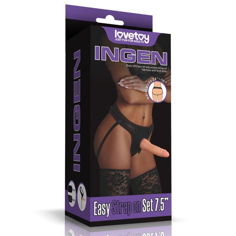 Easy Strap On Set 7.5in packaging showcasing the strap on dildo and harness design for intimate essentials for her.