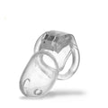 Brutus Stealth chastity cage, clear polycarbonate male chastity device for long-term wear with adjustable rings.