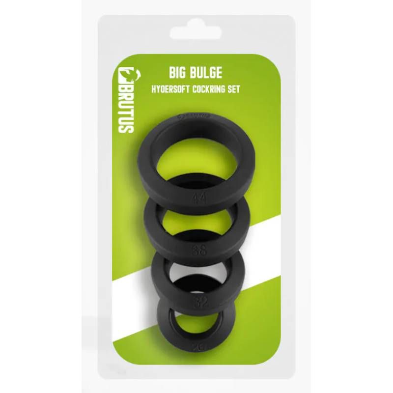 Brutus Big Bulge silicone cock ring set featuring four stretchy rings in varying sizes on a bright green background.