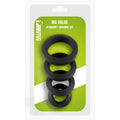 Brutus Big Bulge silicone cock ring set featuring four stretchy rings in varying sizes on a bright green background.