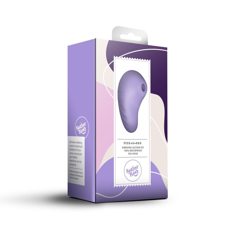 SugarBoo Peek A Boo Air Pulse Vibe packaging display, featuring a suction vibrator lilac design.