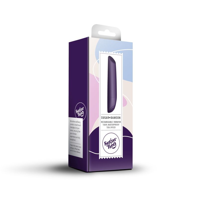 SugarBoo Damson Bullet Vibe Maroon packaging design for a wireless bullet vibrator maroon.