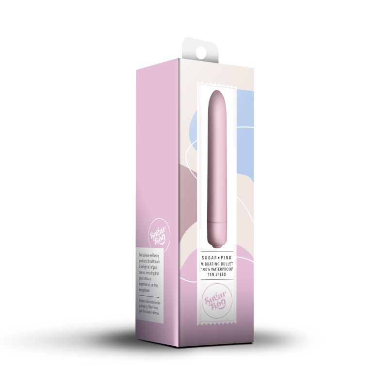 SugarBoo Bullet Vibe Pink box packaging featuring a waterproof bullet vibrator with 10 vibration functions.