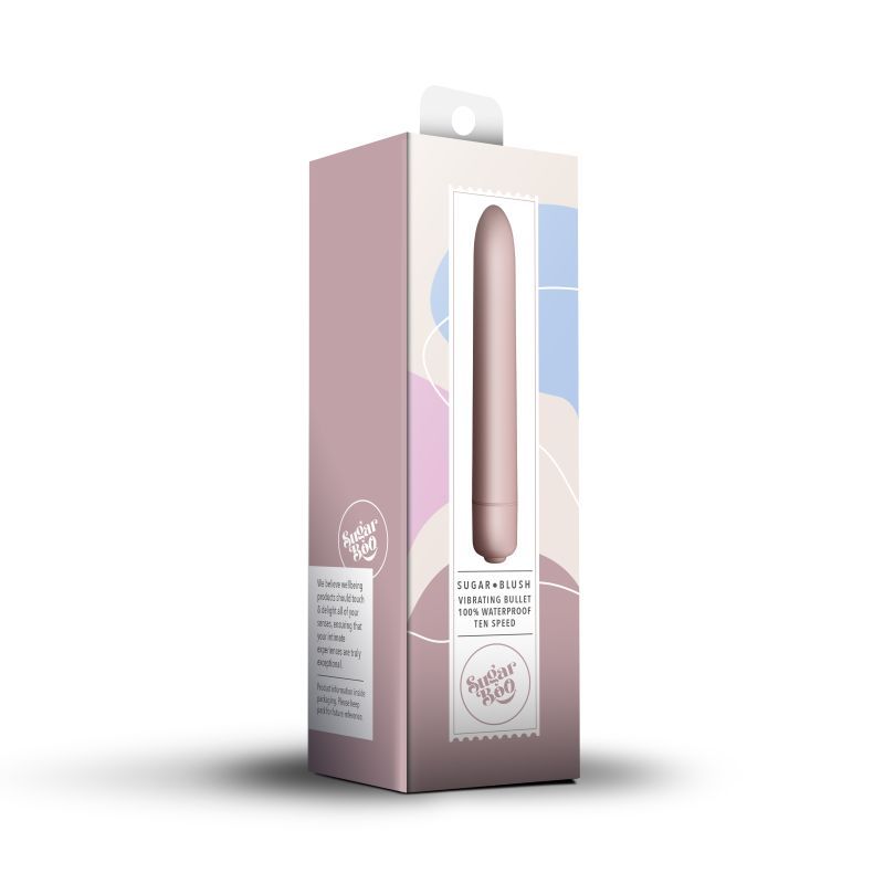 SugarBoo Bullet Vibe Blush packaging showcasing a waterproof bullet vibrator with 10 vibration functions.