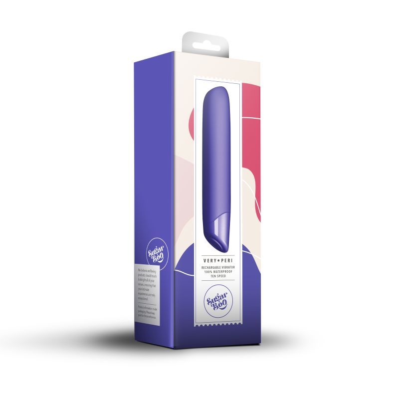 SugarBoo Very Peri Bullet Vibe packaging featuring a sleek purple design and sensory touch finish, ideal vibrating bullet vibe.