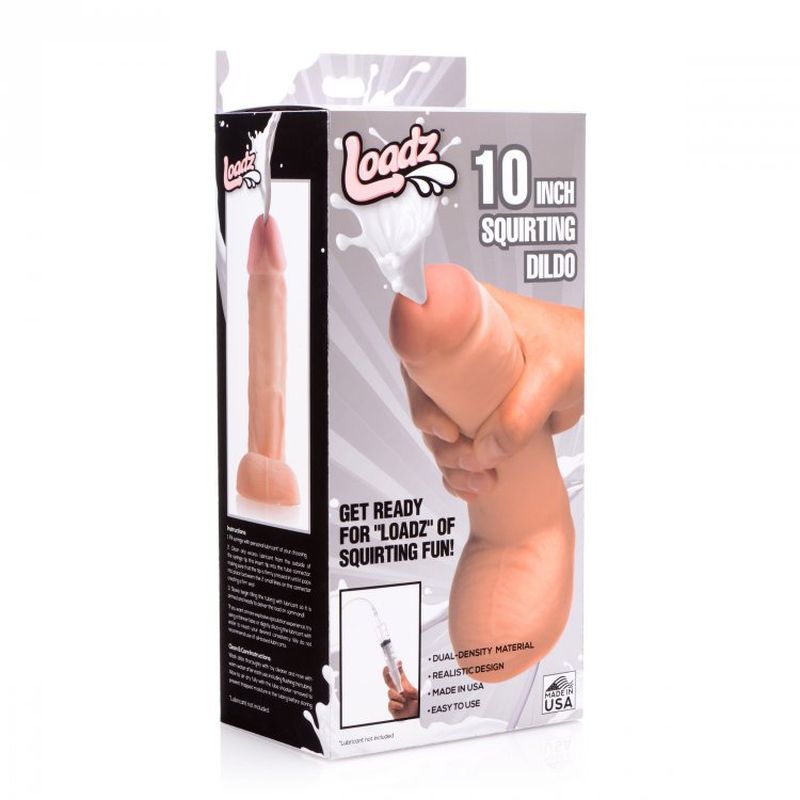 Squirting Dildo 10in with Syringe packaging showcasing dual-density material for lifelike design.
