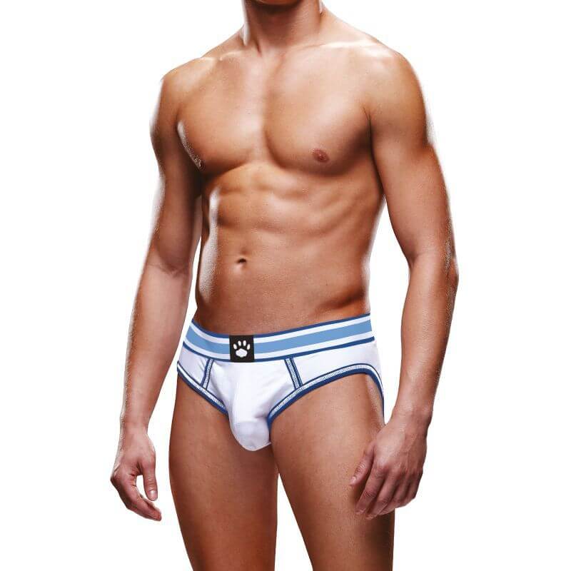 Prowler Open Back Brief White/Blue on a male model highlighting its stylish design and open rear feature.