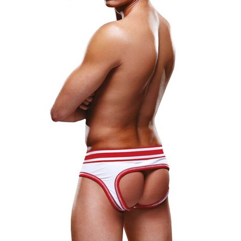 Back view of a man wearing Prowler open back brief, showcasing backless men's briefs in white/red design.