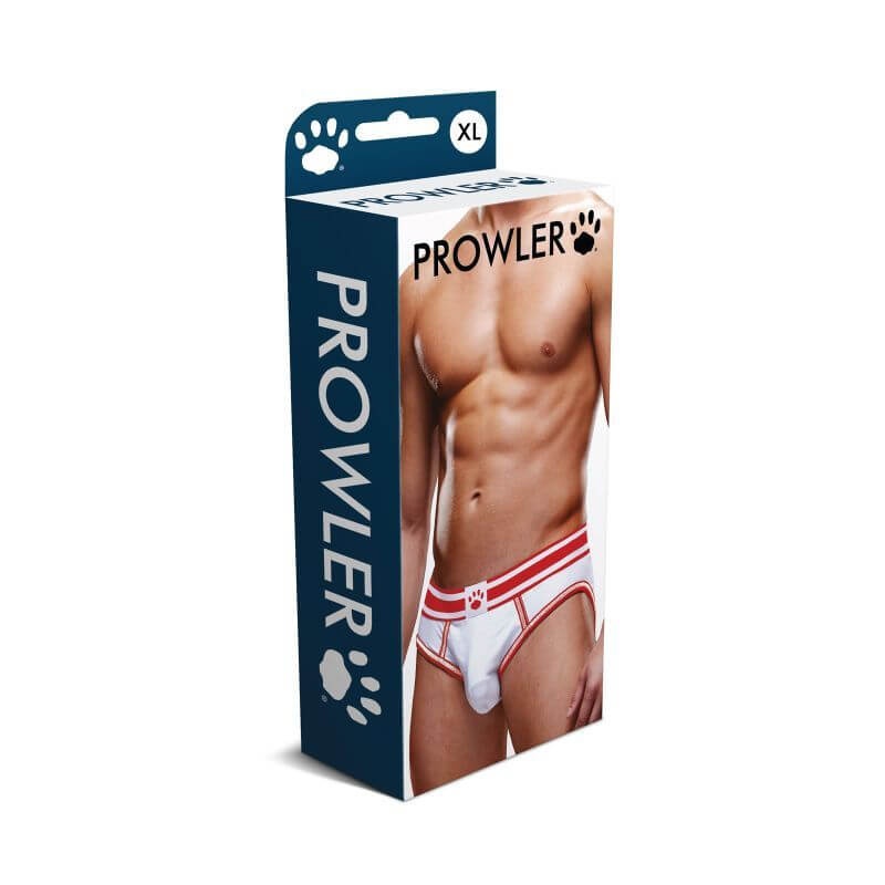 Prowler Open Back Brief White/Red packaging showcasing sexy men's underwear with red and white waistband.