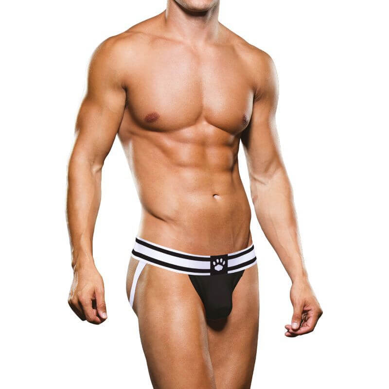 Black and white jock strap featuring a two-tone waistband and classic Prowler logo, model shown wearing it.