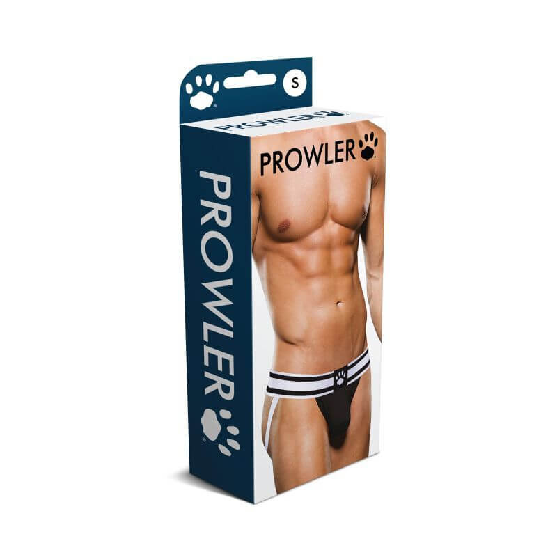 Prowler Jock Black/White packaging showcasing a sexy black and white jock strap with Prowler logo.