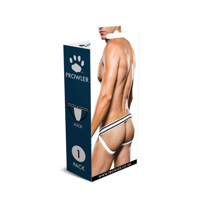Prowler jock strap packaging featuring a model in a black and white jock strap, showcasing its design and fit.